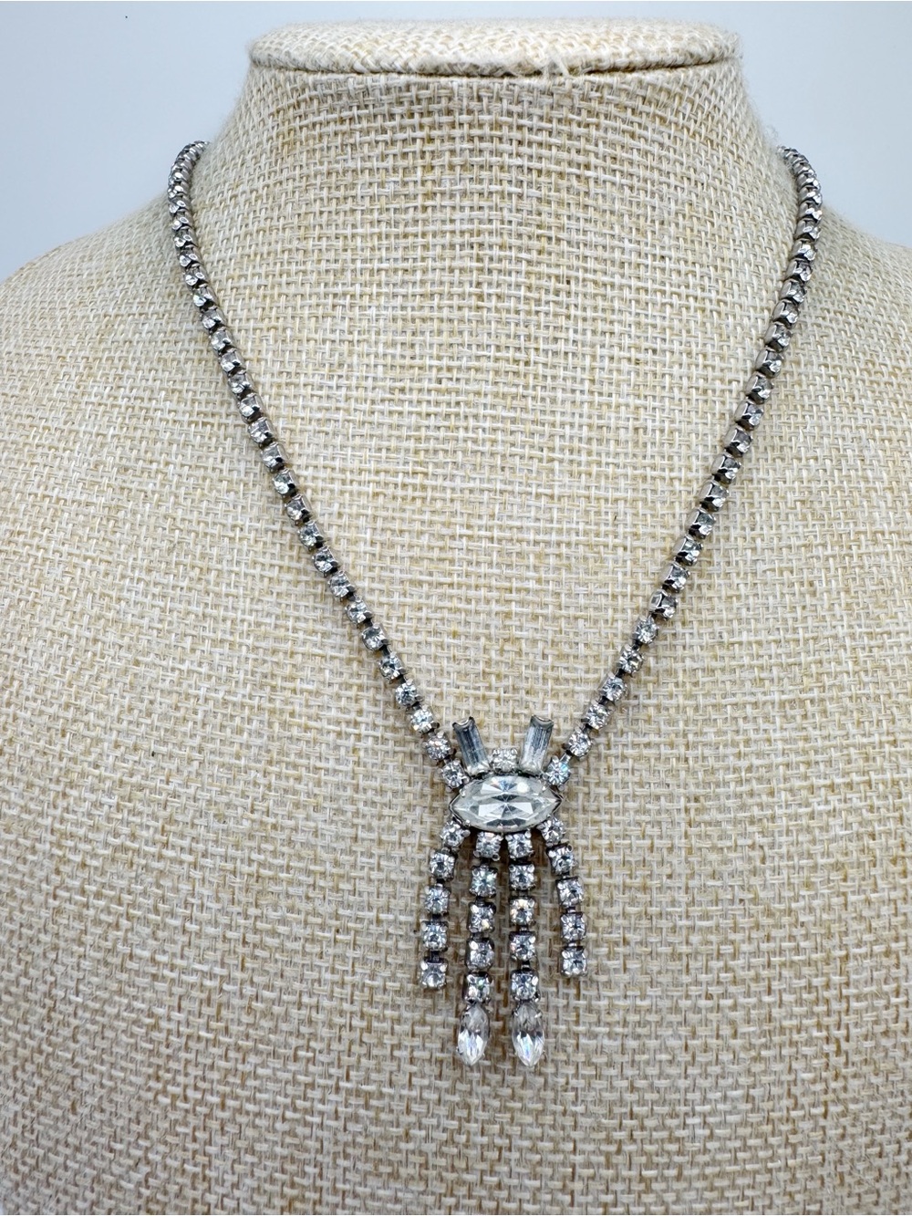 Vintage Silver Crystal Fringe Drop Necklace